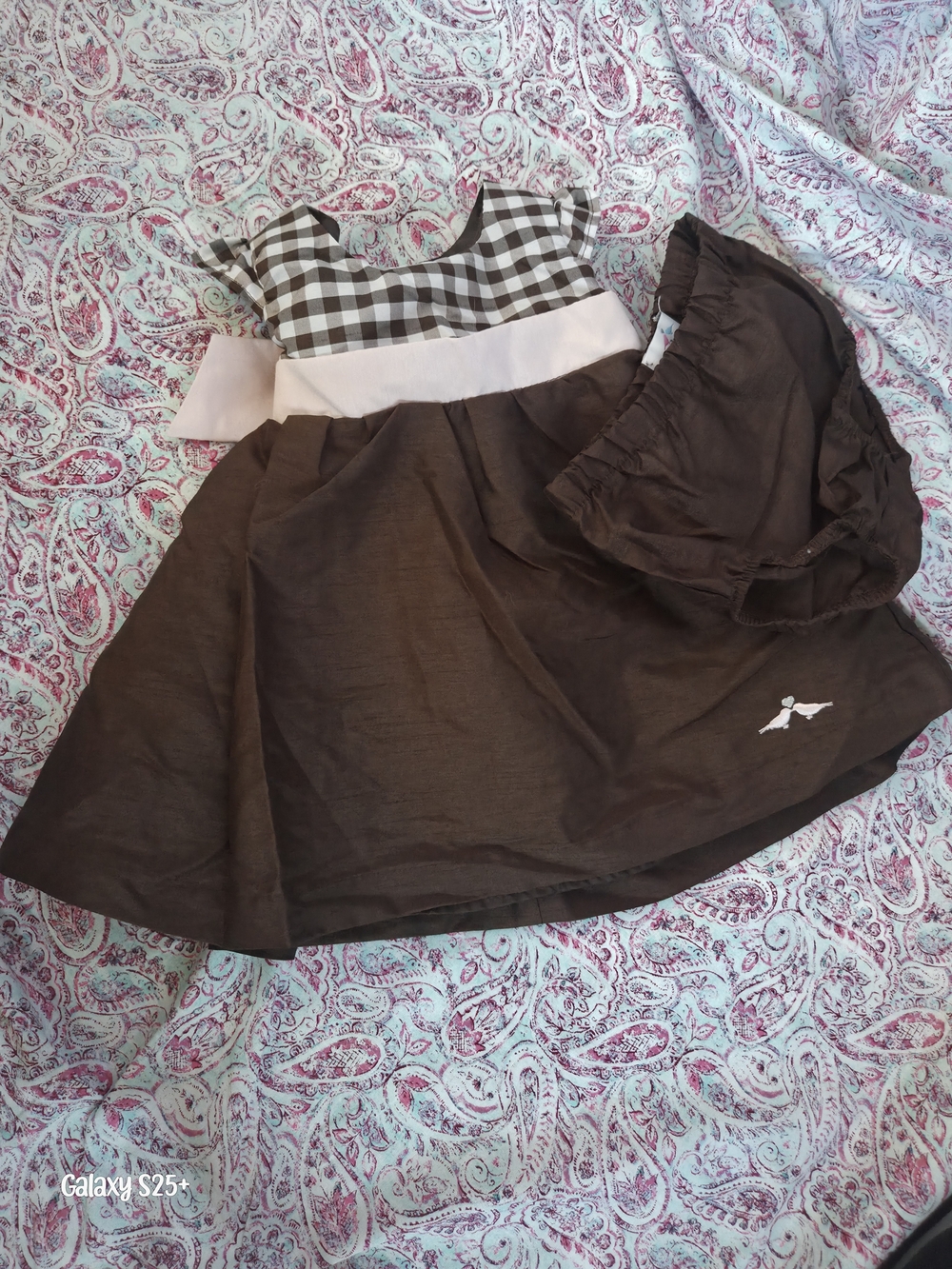 Girls Brown Gingham Bodice Dress with Pink Waistband